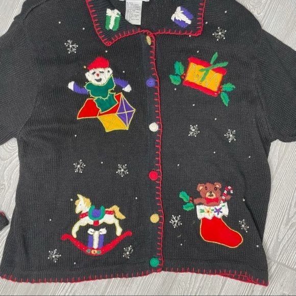 Vintage Victoria jones beaded and sequin Christmas sweater with terrified teddy - Picture 3 of 6